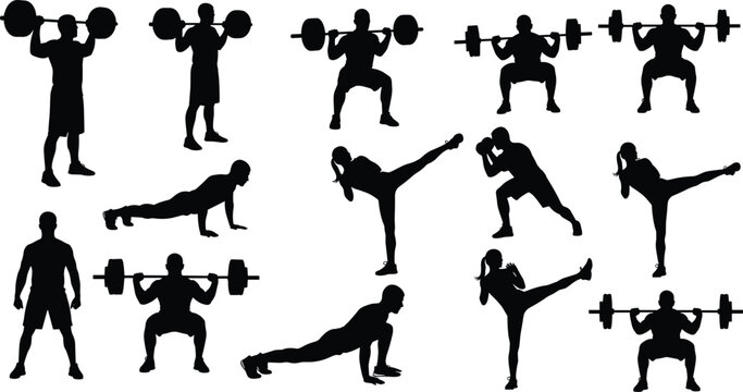 Collection of fitness and strength training silhouettes, weightlifting, push ups and kickboxing poses, dynamic workout routines, gym exercise vector illustration set