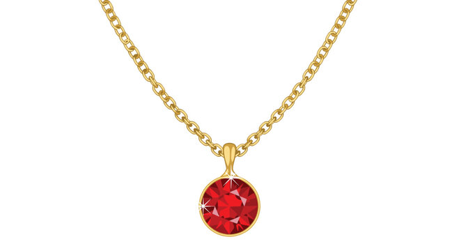Elegant gold chain necklace with a round sparkling red ruby gemstone pendant isolated on a clean white background.