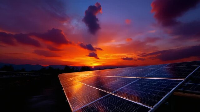 Breathtaking sunset casts vibrant colors over solar panels, highlighting the beauty of sustainable energy harnessed in the embrace of nature's remarkable transition.