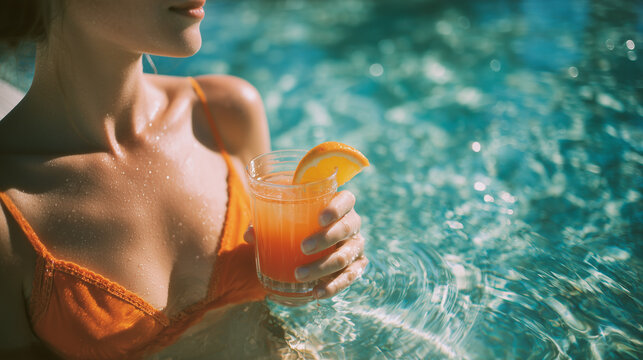 High angle portrait of a person in an orange bikini holding a tropical cocktail by a pool with sparkling turquoise water.