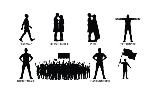 Pride walk bundle vector illustration set with couples, freedom pose, and protest crowd