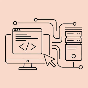 Minimal line of computer monitor and server with coding symbol line minimal computer monitor html code