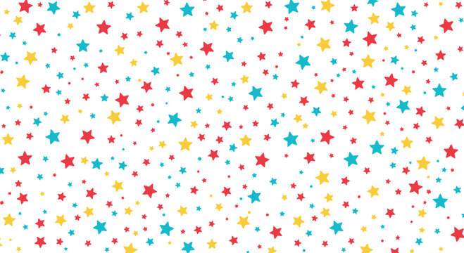 Playful seamless pattern of small colorful stars in red, yellow, and blue scattered across a bright white background for kids and parties.