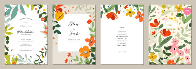 Bright floral greeting cards in spring vibrant colors with decorative flowers, frames and backgrounds with copy space. For Mother’s Day, Women’s Day, Birthday, Wedding, Baby invitations.