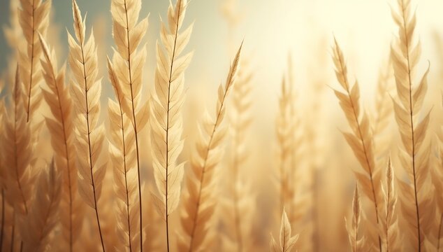 Golden dried grass stalks with delicate feathery textures, backlit by soft, hazy sunlight in a natural, organic composition.