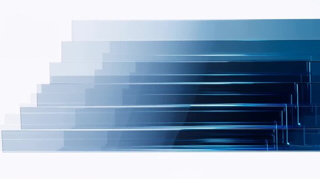 Tracking shot of translucent blue panels sliding and stacking horizontally across white minimal studio background with layered geometric rectangles