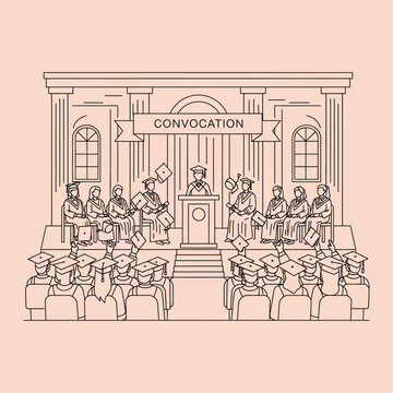 Minimal line of graduation ceremony with convocation banner line ceremony academic caps