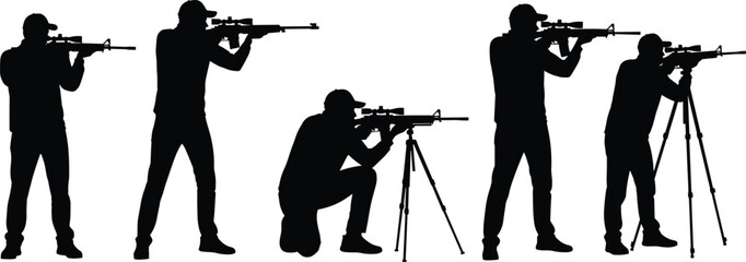 Collection of sniper and shooter silhouettes aiming with rifles, tactical positions and surveillance, military or hunting concept, precision shooting vector illustration set © boishakhisarker