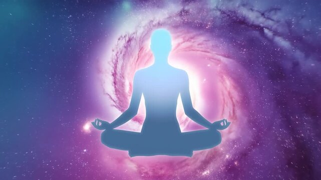 Slow zoom tracking shot of silhouette person meditating and levitating with glowing cosmic vortex galaxy nebula backdrop in outer space
