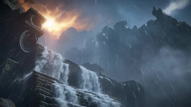 Panning and tilting tracking shot of ancient stone steps with cascading waterfall and heavy rain at mountain ruin under stormy sky