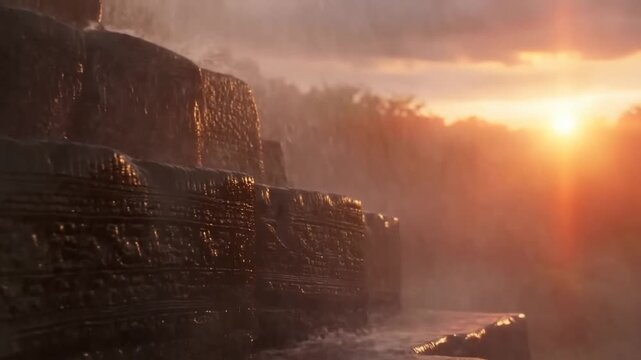 Slow motion tracking pan of rock ledges with cascading waterfall, mist and glowing sunset over forest canyon at dusk