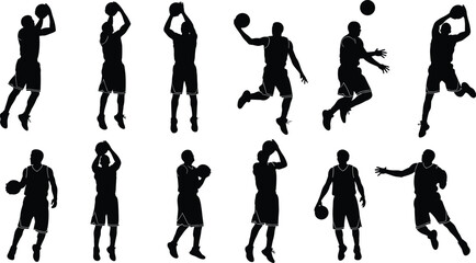 "Dynamic basketball player silhouettes in action poses showcasing dribbling, shooting, dunking, passing, and athletic movements for sports design" © boishakhisarker