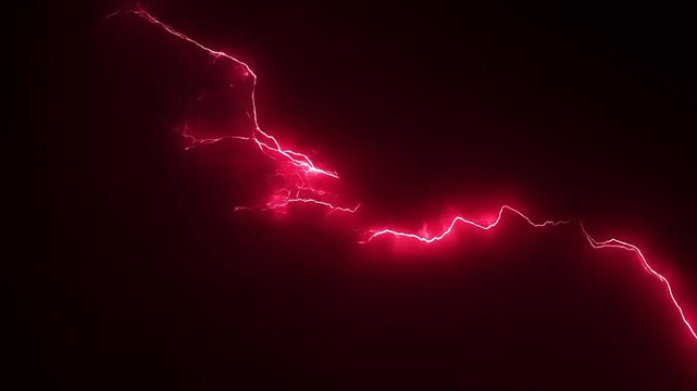 Slow motion tracking shot of electrical arcs crackling and pulsing across dark studio background with neon red glow isolated on black