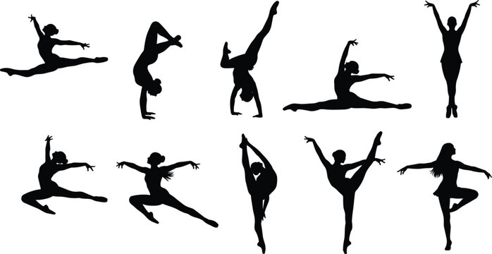 Dance and gymnastics silhouettes collection featuring flexible performers in jumps, splits and handstands, artistic movement isolated on white background