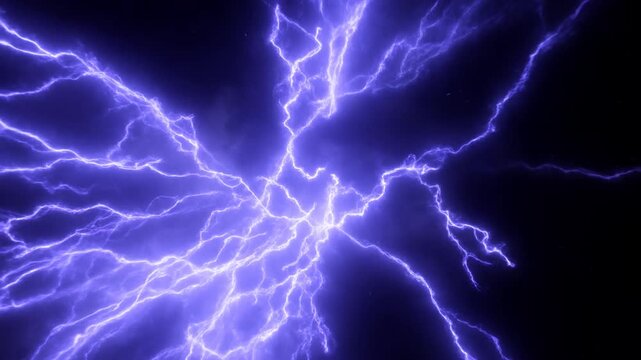 Static shot of electric arcs radiating and crackling across dark void with purple plasma discharge and centered pulsing energy zoom