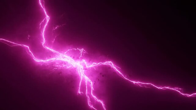 Slow motion pan of purple electric arcs crackling and spreading across dark background in studio space close up tracking of luminous plasma discharge