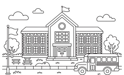 Naklejka premium School campus outline drawing, printable coloring illustration for children