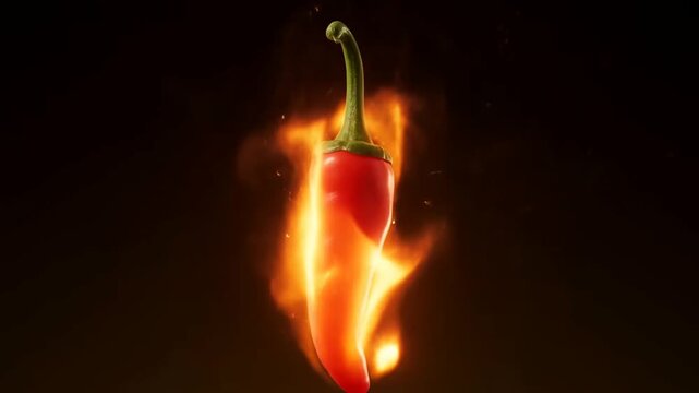 Slow motion closeup of chili pepper burning and glowing while floating over dark studio background