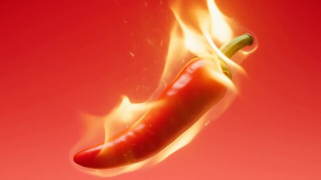 Slow motion tracking rotating shot of chili pepper spinning and burning with flames on red seamless studio background for product closeup