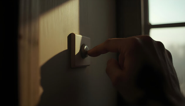 Close up of finger pressing modern circular wall button switch in warm sunlight