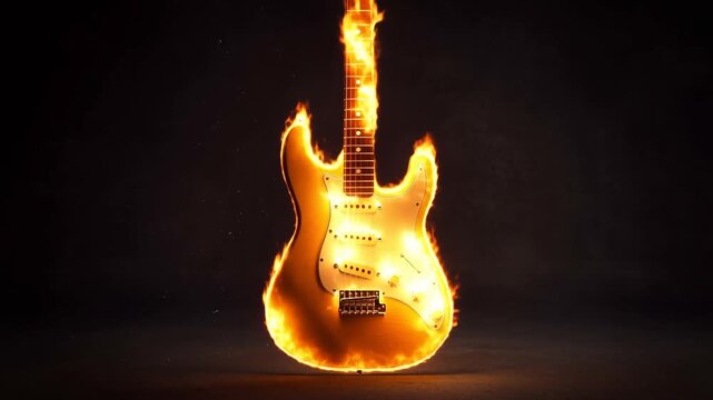 Slow zoom view of electric guitar engulfed in flames burning and glowing while suspended over dark studio floor
