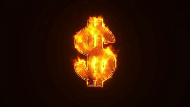 Slow motion static shot of burning dollar sign emblem glowing with flames and sparks on dark isolated background studio set