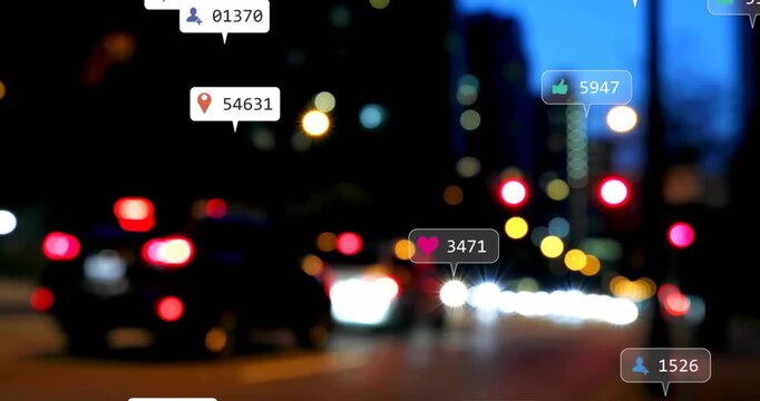 Animation of data processing over out of focus road traffic in city
