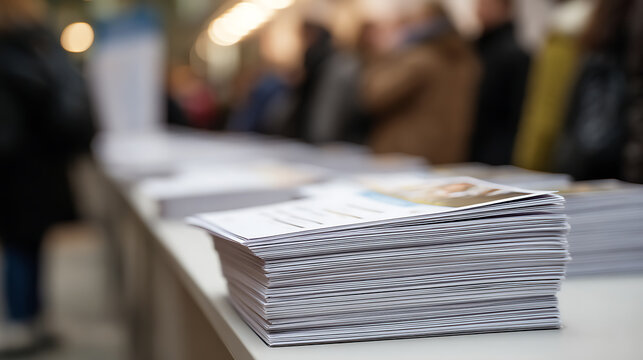 Stack of Brochures and Pamphlets on a Table, Close Up View with Blurred Background of People, Ready for Distribution and Information Sharing