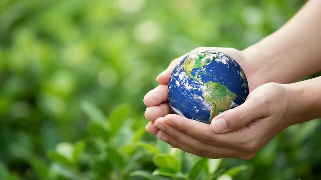 Hands holding the earth on a green background to protect nature Save and care World for sustainable. concept of the environment ecology and Earth Day. concept as Hands hold the earth on green backgrou