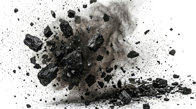 Numerous fragments of charcoal are exploding outwards with clouds of black dust and small particles scattering in dynamic motion explosion energy fuel bursting fragmentation
