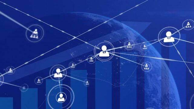 Animation of network of connections with icons over statistics with arrow