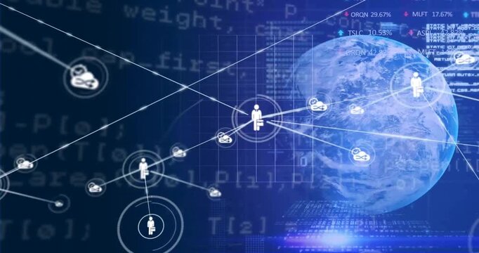 Animation of network of connections with icons over globe