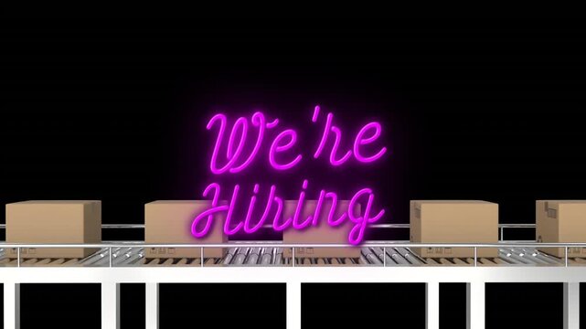 We're Hiring neon text animation over conveyor belt with cardboard boxes