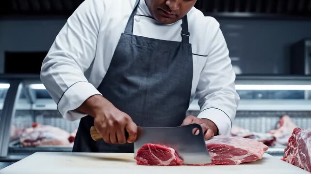 Professional Butcher Skillfully Cuts Raw Meat With Large Cleaver in Butcher Shop