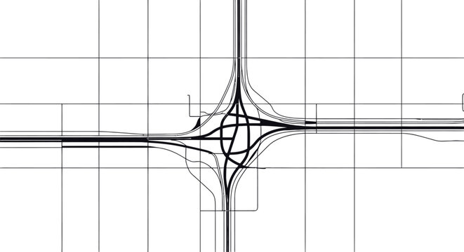 Interchange road junction with multiple lanes and grid background