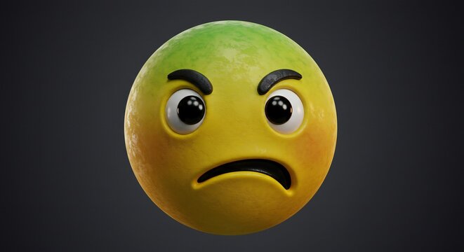 A worried emoji face with furrowed eyebrows looks sad on a dark background.