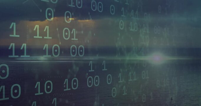 Binary code animation overlaying serene ocean landscape during dusk sky