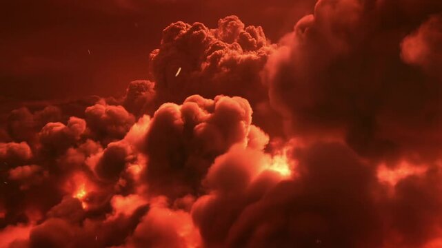 Aerial tracking slow motion shot of storm clouds with lightning strikes and internal fire glowing across turbulent cumulonimbus sky