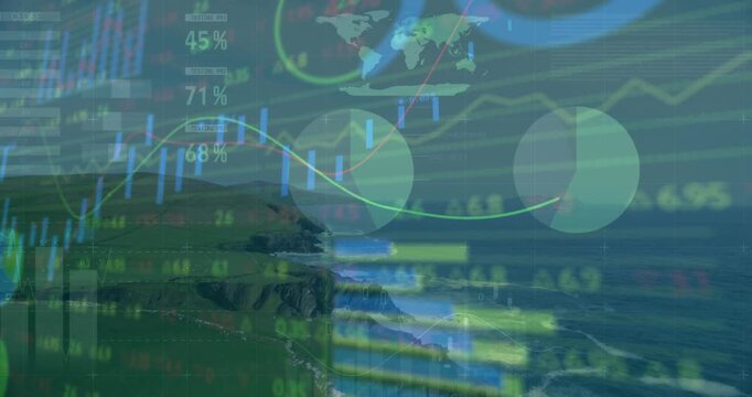Transparent financial dashboard displaying candlestick bars, pie charts and line charts over cliffs