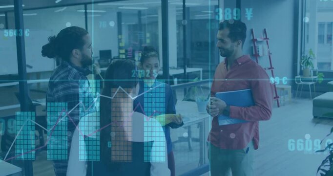 four business colleagues standing in office, projecting digital charts with colorful post-its