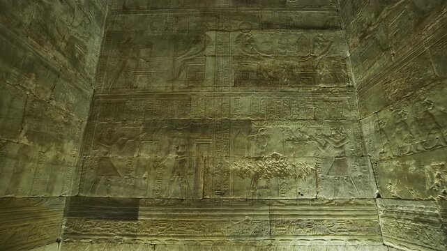 Hieroglyphs and images of Egyptian gods at the Ancient Egyptian Temple of Edfu. Edfu is the site of a Ptolemaic-era Temple of Horus and an ancient settlement in Egypt.