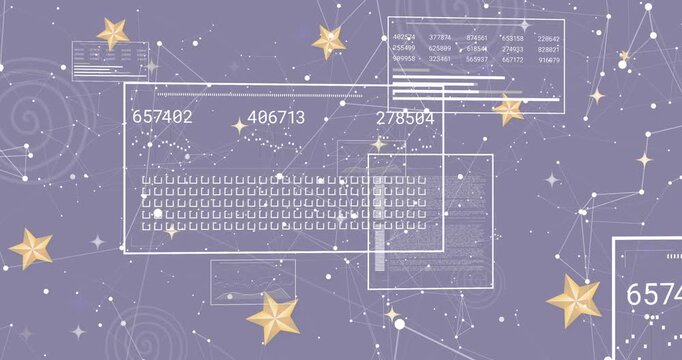 Purple cosmic backdrop emerging while UI panels sliding updating data streams and stars drifting