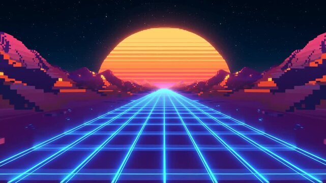 Tracking shot of neon grid road moving toward pixelated mountains and glowing sun on horizon in retro synthwave night landscape
