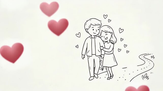 Cartoon hand line drawing love character couple illustrating romantic themes and relationship affection in simple art style concept as Cartoon style hand line drawing of a loving couple illustrating r