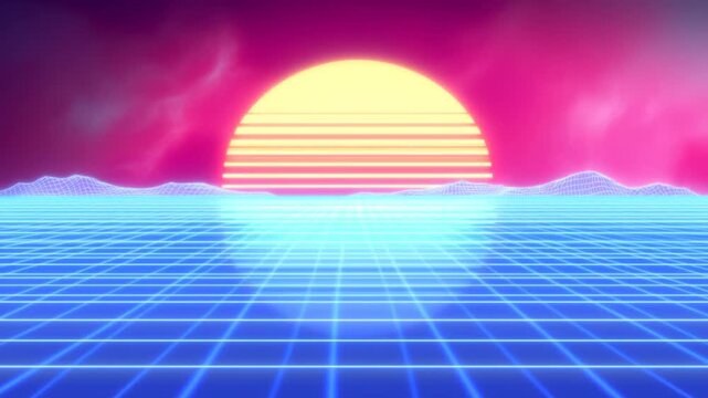 Dolly forward through neon grid toward striped sun over wireframe mountains in retro synth landscape with glowing horizon and reflective surface