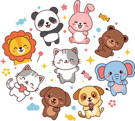 Obraz premium Cute Baby Animal Cartoon Set Featuring Panda Rabbit Bear Cat Dog Elephant and Lion in Playful Flat Style for Kids Design and Illustration Projects.