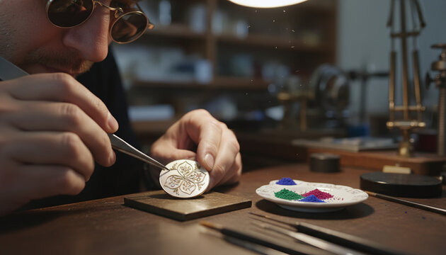 Artisan bending microscopic gold wires for Cloisonne enamel watch dial