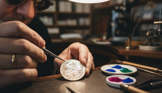 Artisan bending microscopic gold wires for Cloisonne enamel watch dial