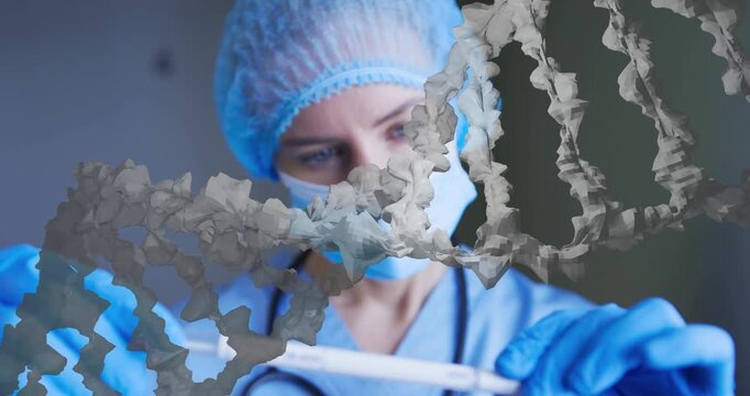 Medical clinician inspecting swab prepping diagnostics after swab entering frame, helix moving