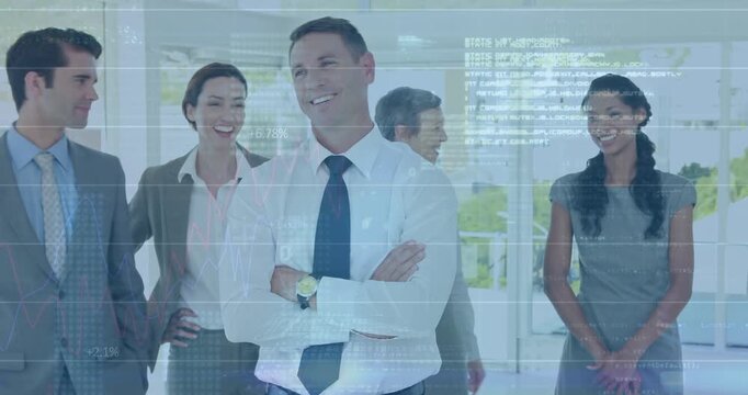 Center man smiling, team patting and clapping in lobby, holo graphs showing business success